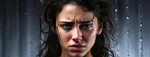 AI generated Tearful Woman with Rainy Window Background photo