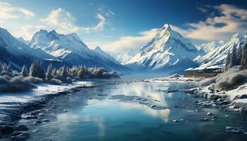 AI generated Majestic mountain peak reflects tranquil blue sky in frozen landscape generated by AI photo