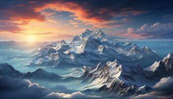 AI generated Majestic mountain peak, blue sky, snow, and tranquil landscape generated by AI photo