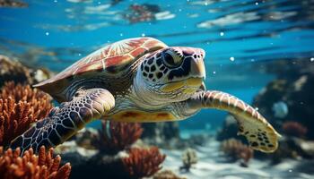 AI generated A beautiful sea turtle swimming in the underwater reef generated by AI photo