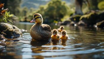 AI generated Young ducklings quacking in the pond, enjoying the summer outdoors generated by AI photo