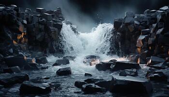 ai generado oscuro montaña acantilado reflejando azul agua, fluido en naturaleza belleza generado por ai foto