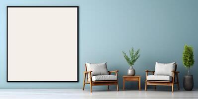 AI generated Empty picture frame simulation wall Modern living room design, with elegant decorations. photo