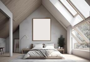 AI generated Simulation of the interior of an attic bedroom with a double bed and empty picture frames. photo