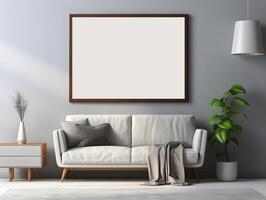 AI generated Empty picture frame simulation wall Modern living room design, with elegant decorations. photo