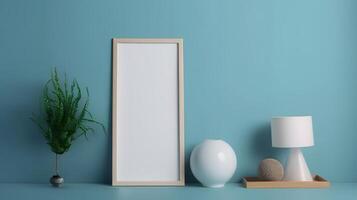 AI generated Mockup of empty photo frame on blue wall decorated with flowers and vases