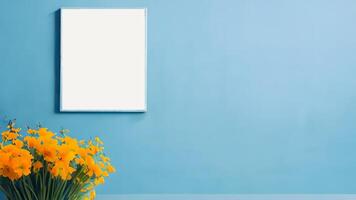 AI generated Mockup of empty photo frame on blue wall decorated with flowers and vases