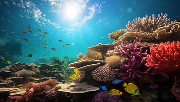 ai generado submarino arrecife pescado en naturaleza, coral animal abajo tropical clima generado por ai foto