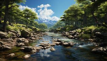 AI generated Tranquil scene green meadow, flowing water, mountain peak, reflecting sky generated by AI photo