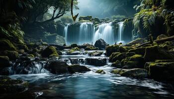 AI generated A tranquil waterfall flows through a lush tropical rainforest generated by AI photo