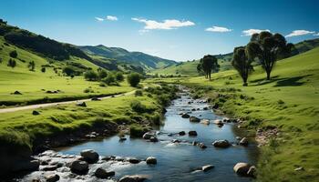 AI generated Tranquil mountain meadow reflects blue sky, green grass, and flowing water generated by AI photo