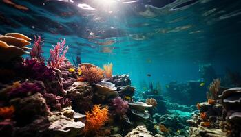 ai generado submarino arrecife pescado en naturaleza, multi de colores coral abajo azul mar generado por ai foto