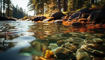 ai generado tranquilo escena verano bosque refleja en el calma agua generado por ai foto