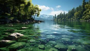 AI generated Tranquil scene green meadow, blue pond, mountain peak, natural beauty generated by AI photo