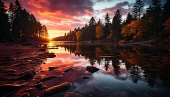 ai generado tranquilo escena puesta de sol refleja en agua, vibrante otoño bosque generado por ai foto