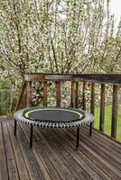 mini trampoline for fitness exercising and rebounding in a backyard patio, springtime scenery photo