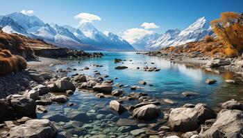 AI generated Majestic mountain peak reflects tranquil blue water, serene nature generated by AI photo