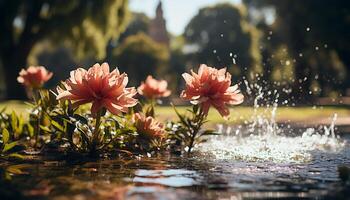 ai generado un vibrante flor florecer refleja en tranquilo estanque agua generado por ai foto