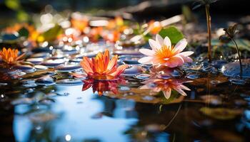 AI generated A vibrant lotus flower floats on a tranquil pond generated by AI photo