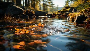 AI generated Tranquil autumn forest yellow leaves, reflecting in peaceful pond generated by AI photo