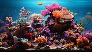 AI generated Underwater fish in nature, multi colored coral below, snorkeling travel generated by AI photo