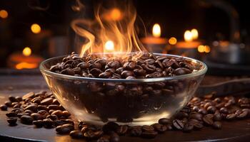 AI generated Freshness and heat in a close up of a dark coffee bean generated by AI photo