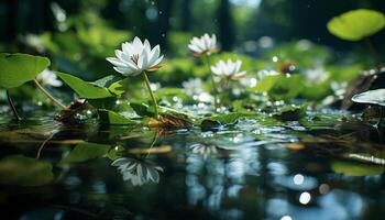 AI generated The green plant reflects beauty in nature tranquil pond generated by AI photo
