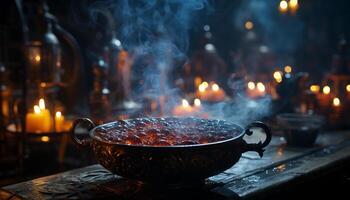 ai generado ardiente vela ilumina oscuro mesa, Cocinando comida adentro generado por ai foto