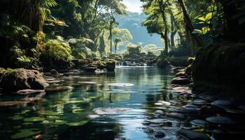 AI generated Tranquil scene green forest, flowing water, reflecting autumn natural beauty generated by AI photo