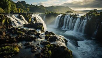 AI generated Majestic mountain, flowing water, sunset, green forest, blurred motion generated by AI photo