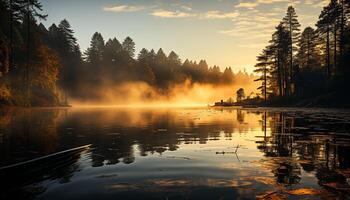 AI generated Tranquil scene autumn forest reflects in peaceful pond at sunset generated by AI photo