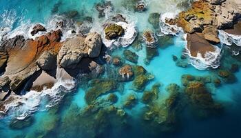 AI generated Blue wave crashes on rocky coastline, nature tranquil beauty generated by AI photo