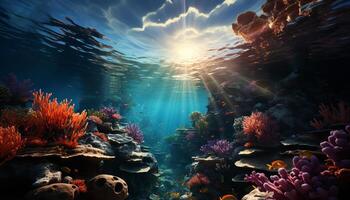 ai generado submarino arrecife, naturaleza pez, agua animal, coral azul, profundo escafandra autónoma buceo generado por ai foto