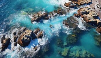 AI generated Majestic wave breaks on rocky coastline, creating beautiful spray generated by AI photo