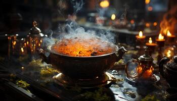 AI generated Gourmet meal, cooked on stove, served in old crockery generated by AI photo