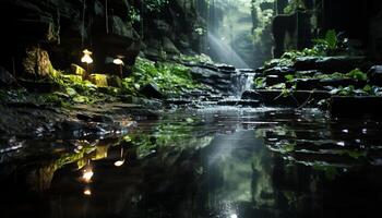 ai generado tranquilo escena verde bosque, fluido agua, reflejando belleza en naturaleza generado por ai foto