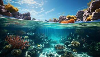 ai generado submarino arrecife pescado en naturaleza azul, coral lleno acuático paisaje generado por ai foto