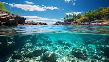 ai generado submarino pescado nadar en transparente azul agua, un tropical aventuras generado por ai foto