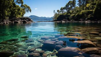 AI generated Tranquil scene blue wave reflects sunlight on tropical rainforest generated by AI photo