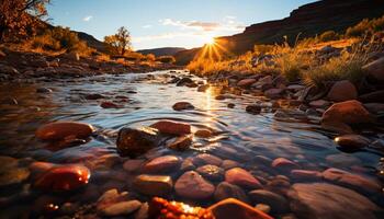 AI generated Tranquil scene mountain peak reflects in water, autumn leaves surround generated by AI photo