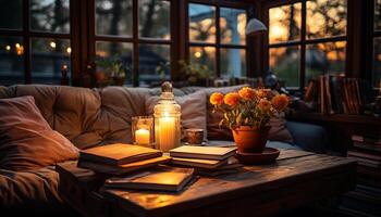 AI generated Cozy home interior candlelit table, comfortable sofa, illuminated bookshelf generated by AI photo