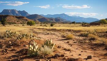 AI generated Beautiful arid landscape mountains, sand dunes, and cholla cacti generated by AI photo