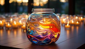 AI generated Glowing candle illuminates table, creating vibrant celebration in darkness generated by AI photo
