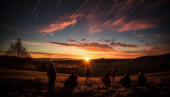 ai generado silueta de hombres y mujer celebrar naturaleza belleza a puesta de sol generado por ai foto