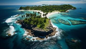 AI generated Aerial view of tranquil coastline, turquoise waters, and palm trees generated by AI photo