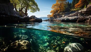 AI generated Underwater fish swim in tranquil blue seascape, exploring nature generated by AI photo