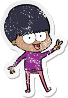 distressed sticker of a happy cartoon boy waving png