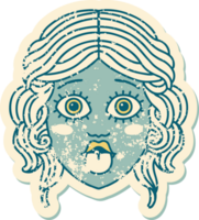 iconic distressed sticker tattoo style image of female face sticking out tongue png