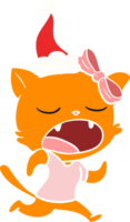 hand drawn flat color illustration of a yawning cat wearing santa hat png