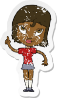 retro distressed sticker of a cartoon woman with idea png